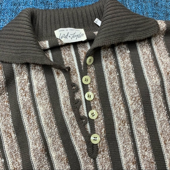 Vintage Lord & Taylor Collared 1/2 Button Brown Striped Sweater Made in Italy - Picture 2 of 7